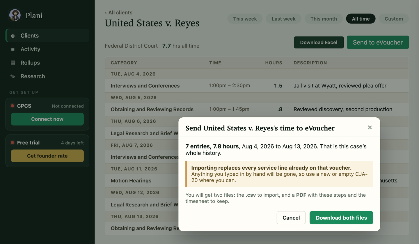 The confirmation box before download, showing the entry count, hours, date range, and a warning that importing replaces every service line on the voucher.