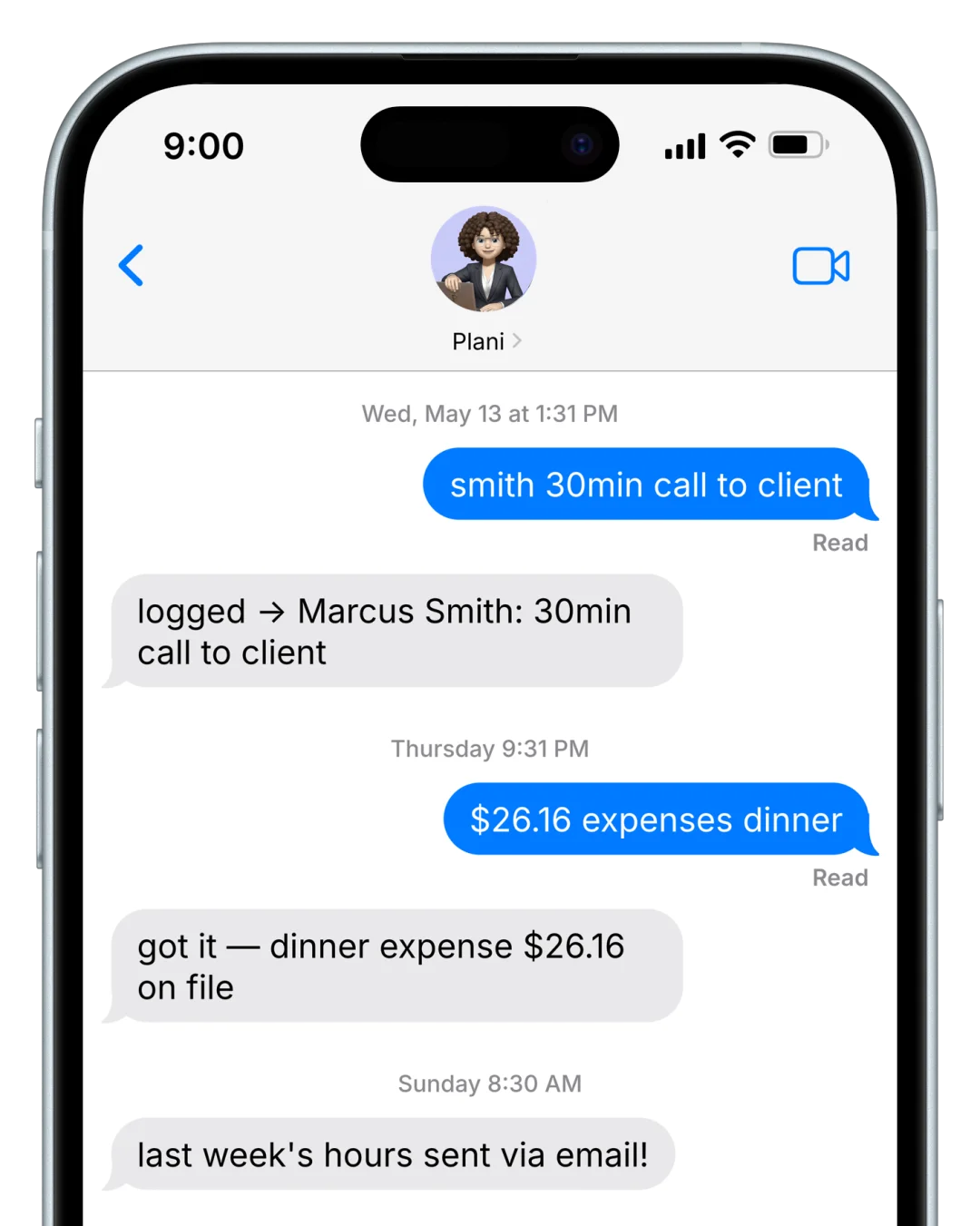 Texting Plani: smith 30min call to client. Plani replies: logged → Marcus Smith: 30min call to client.