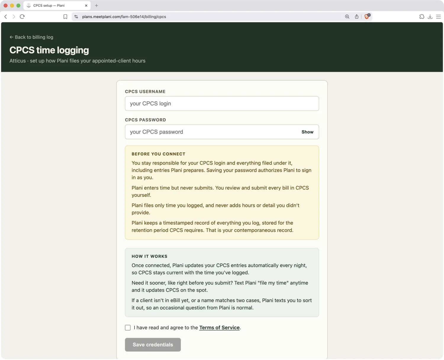 Plani CPCS setup page