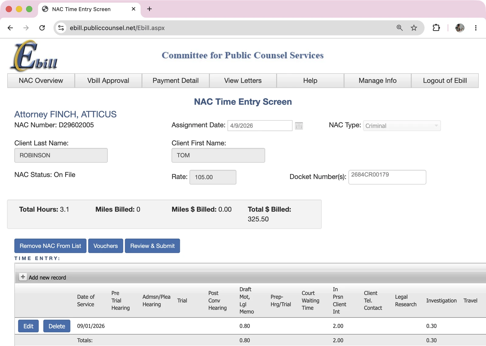 The CPCS eBill NAC Time Entry Screen for client Robinson, showing 2.00 in Prsn Client Int, 0.30 Investigation and 0.80 Draft Mot, totalling 3.10 hours