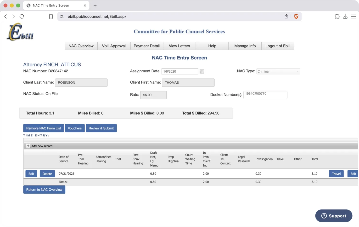 Time entered in the CPCS eBill grid